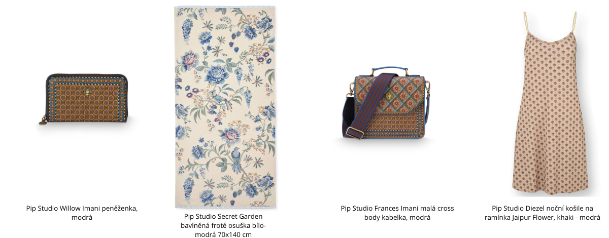 Produktová koláž letních doplňků Pip Studio v modré a khaki barvě. Obsahuje peněženku Willow Imani, bavlněnou froté osušku Secret Garden, cross body kabelku Frances Imani a noční košili na ramínka Jaipur Flower.
